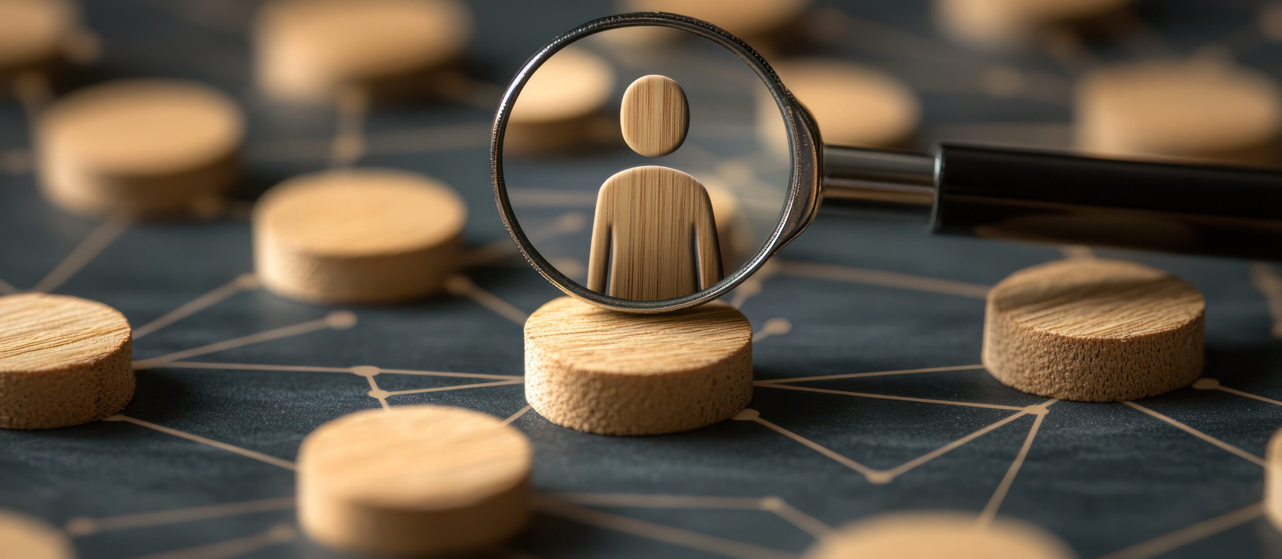 A magnifying glass is focused on a wooden figure standing on a platform surrounded by other figures, representing the importance of finding the right candidate.